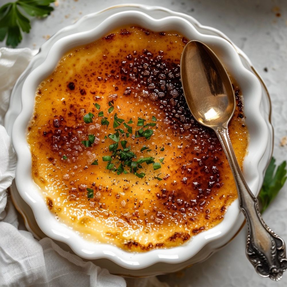 Creme Brulee in white dish with silverware