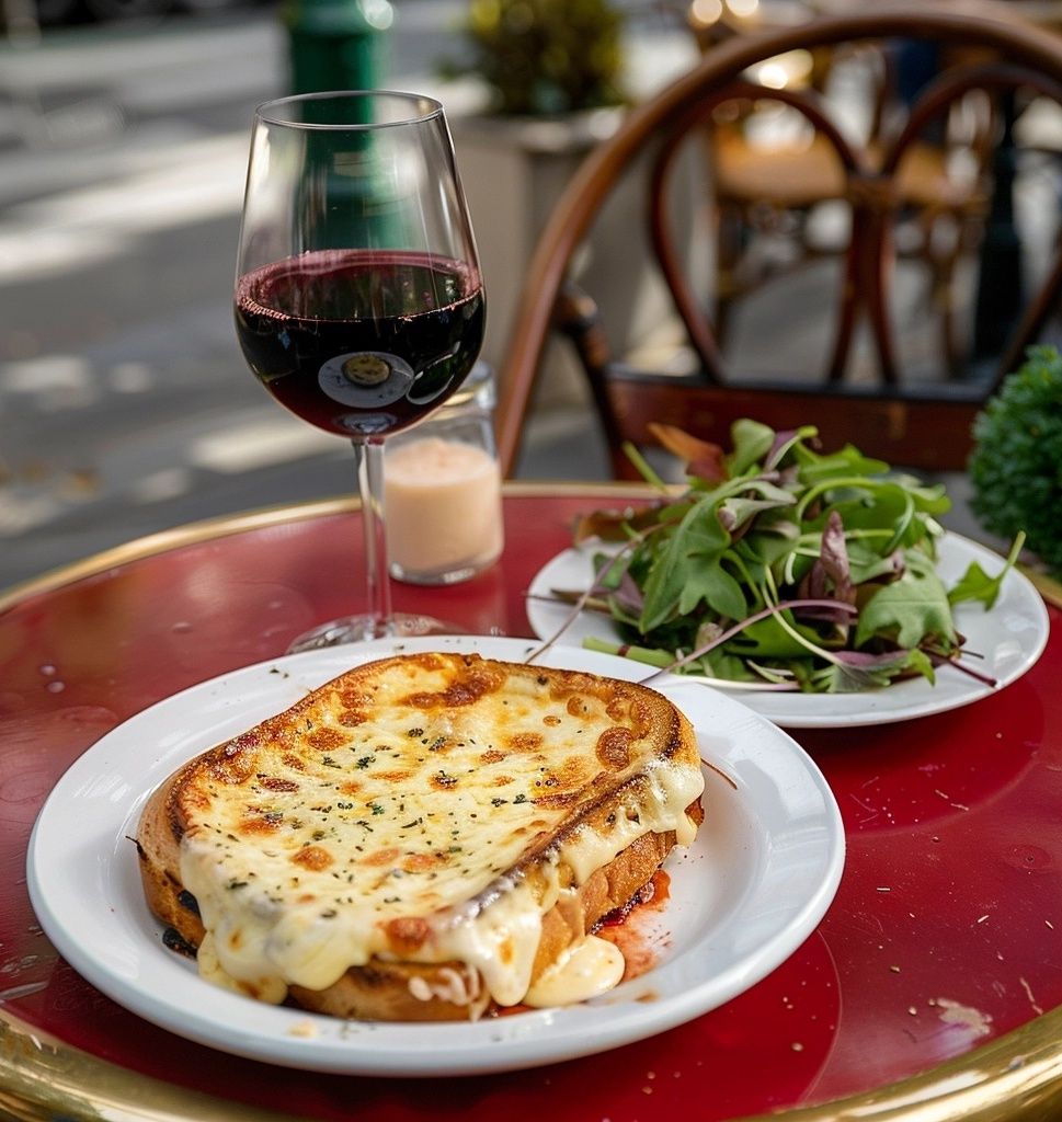 Croque Monsieur served on white dish with a glass of red wine in paris