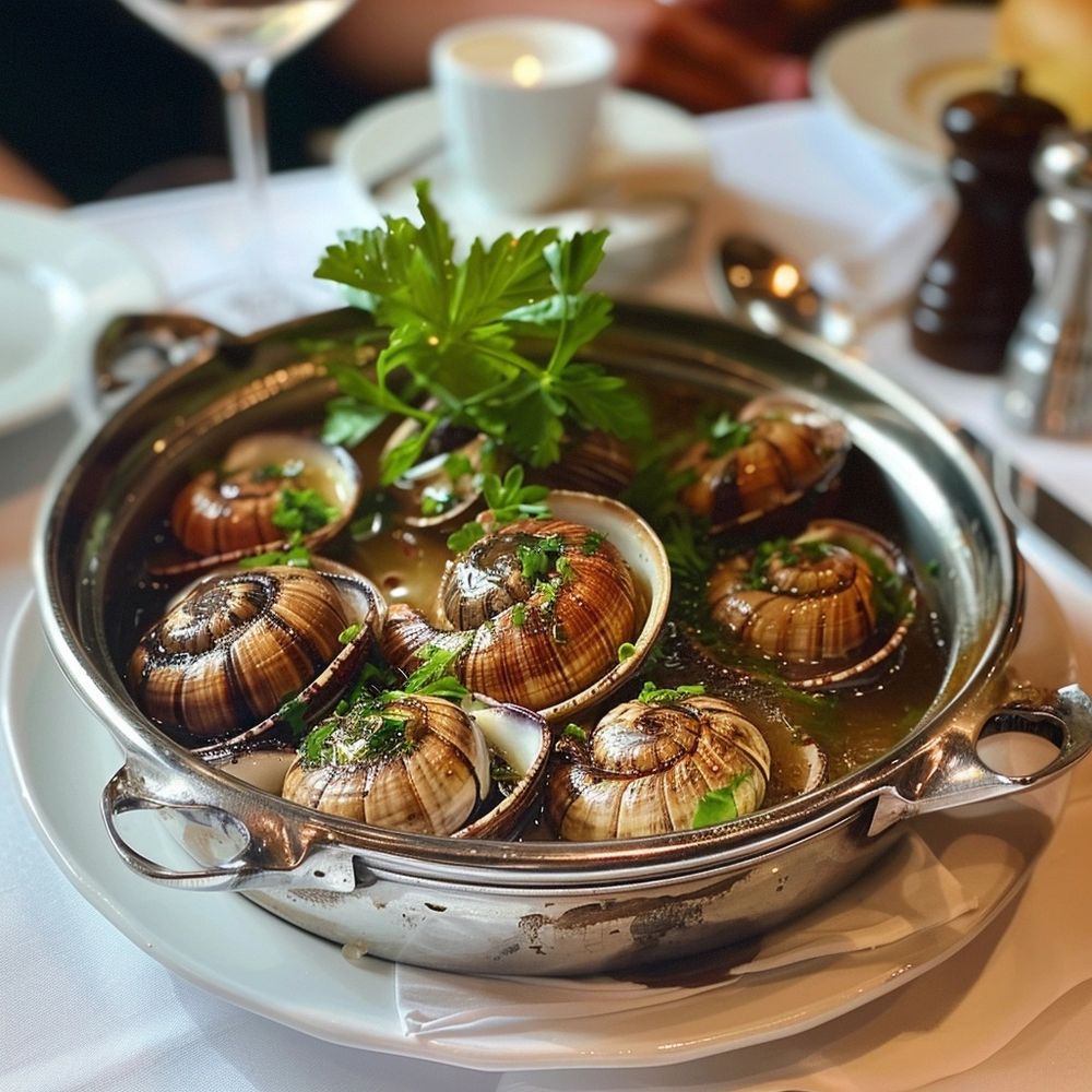 Escargot dish served in silver bowl a white tablecloth in brasserie
