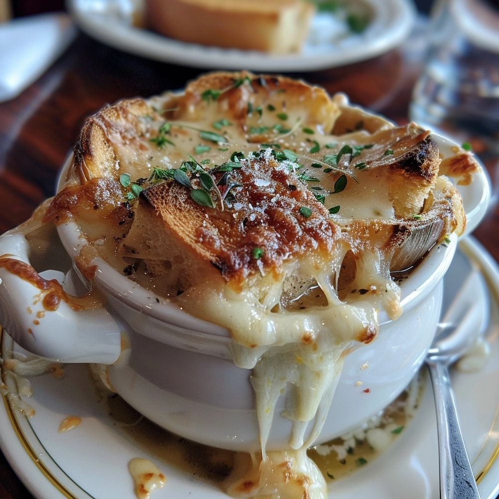 French Onion Soup served in a classic french brasserie