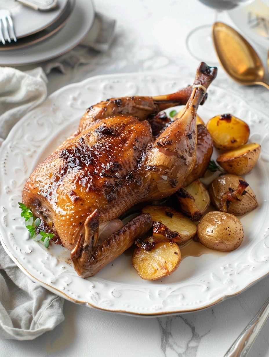 French duck confit meal with golden duck and side of roasted sliced baby potatoes