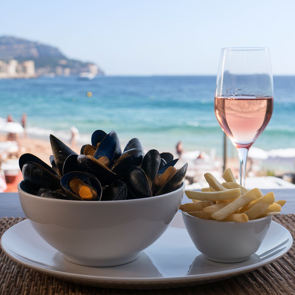 Moules Frites at beach restaurant on the French riviera