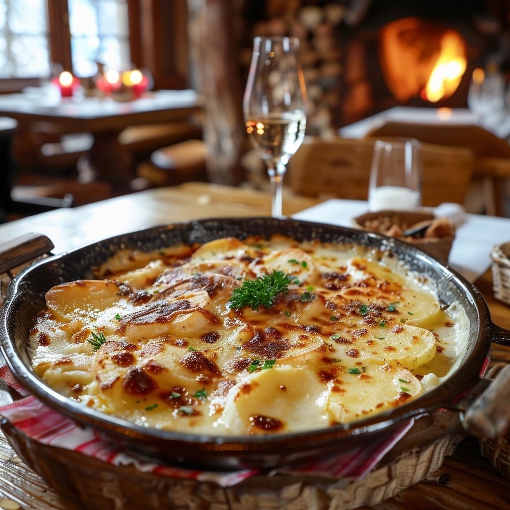 Tartiflette dish served in a rustic french restaurant