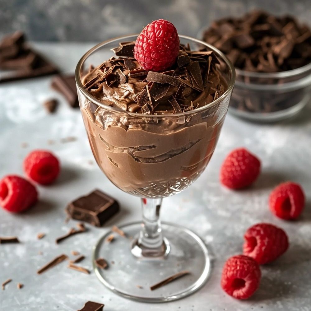 chocolate mousse served with shavings and raspberries