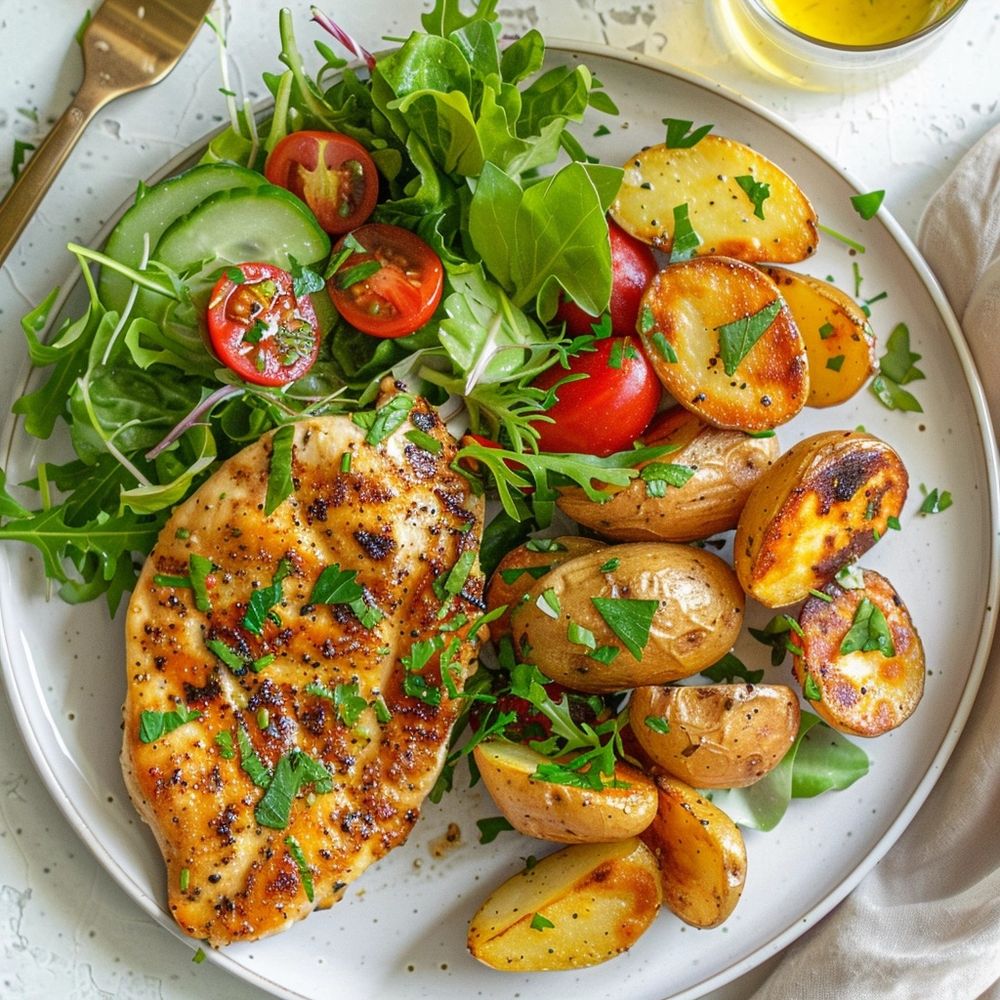 flat Chicken Paillard served with side of salad and baked potatoes