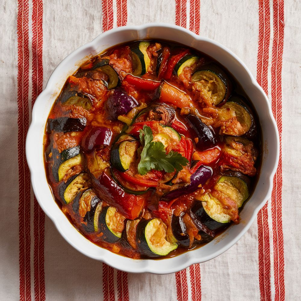 freshly baked Ratatouille served in white round bowl