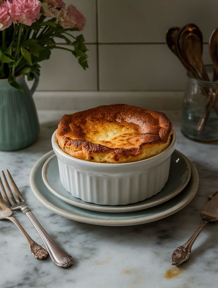 rustic Cheese Souffle dish served in white porcelain bowl