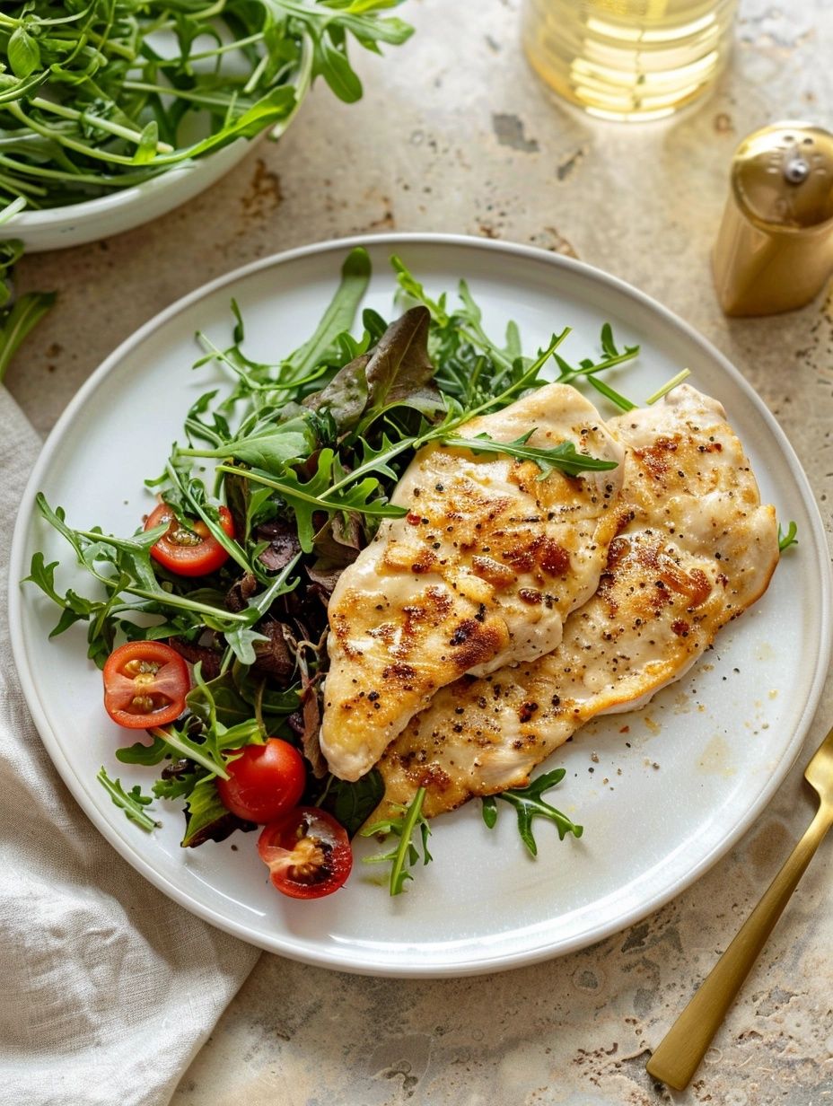 Chicken paillard served with a side of mixed green salad with cherry tomatoes