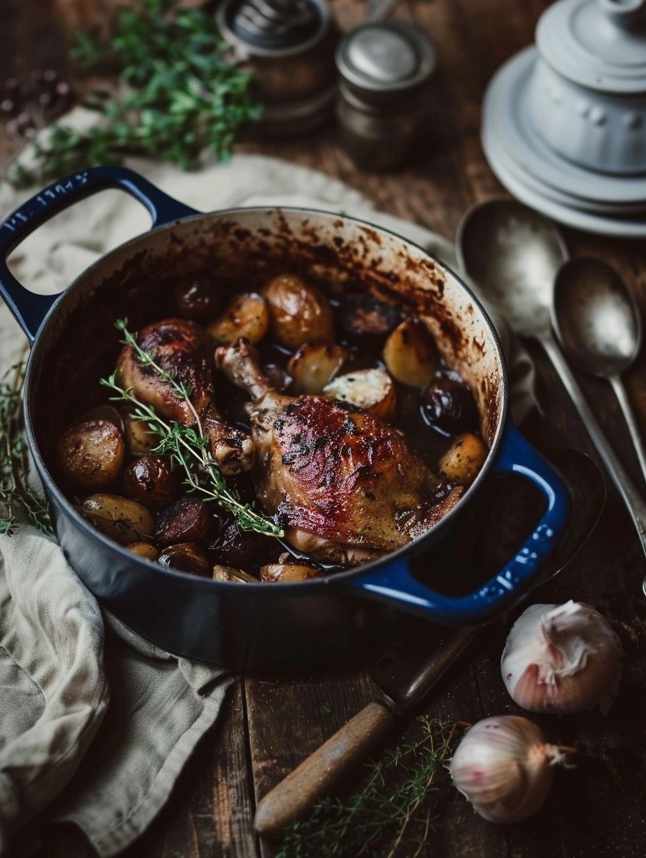 Coq au Vin made in rustic French kitchen