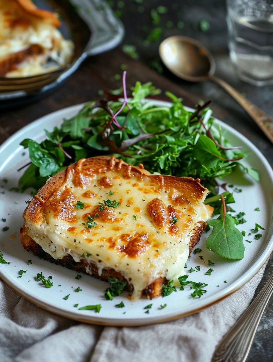 Croque Monsieur served with a side of fresh green salad