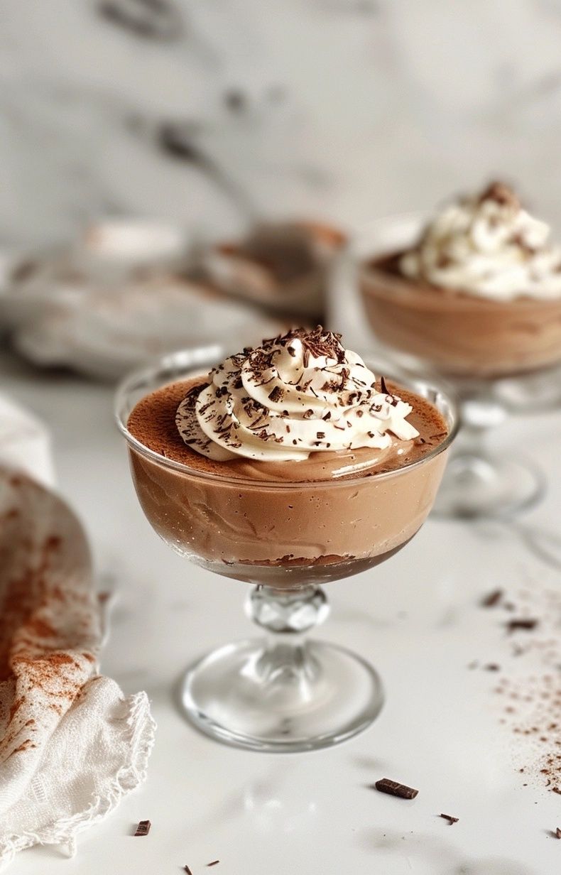 chocolate mousse with whipped cream in glass