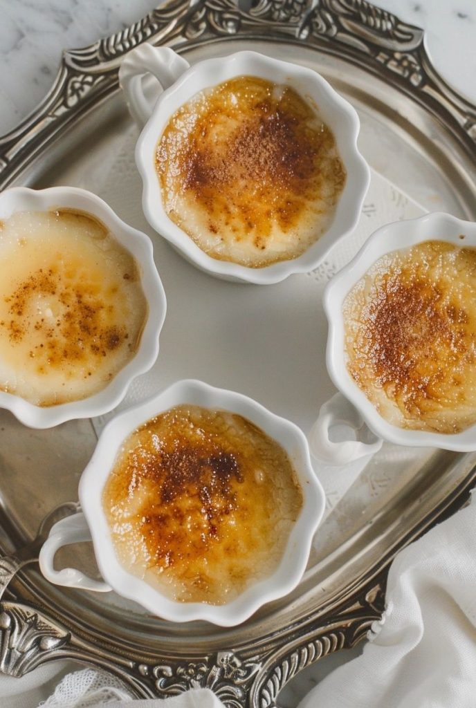 creme brulee served on vintage silver tray