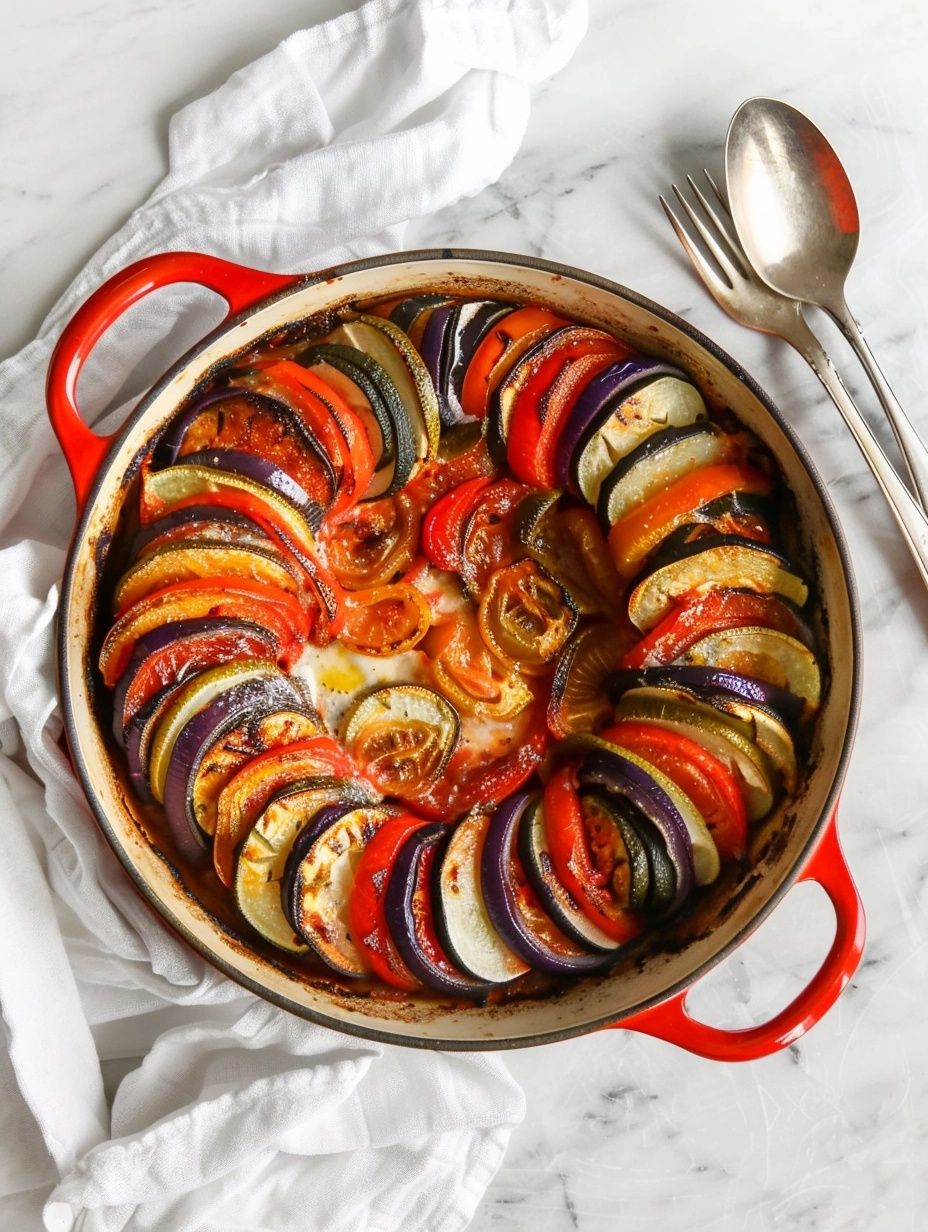 sliced Ratatouille freshly baked in a red round Staub cast iron pot