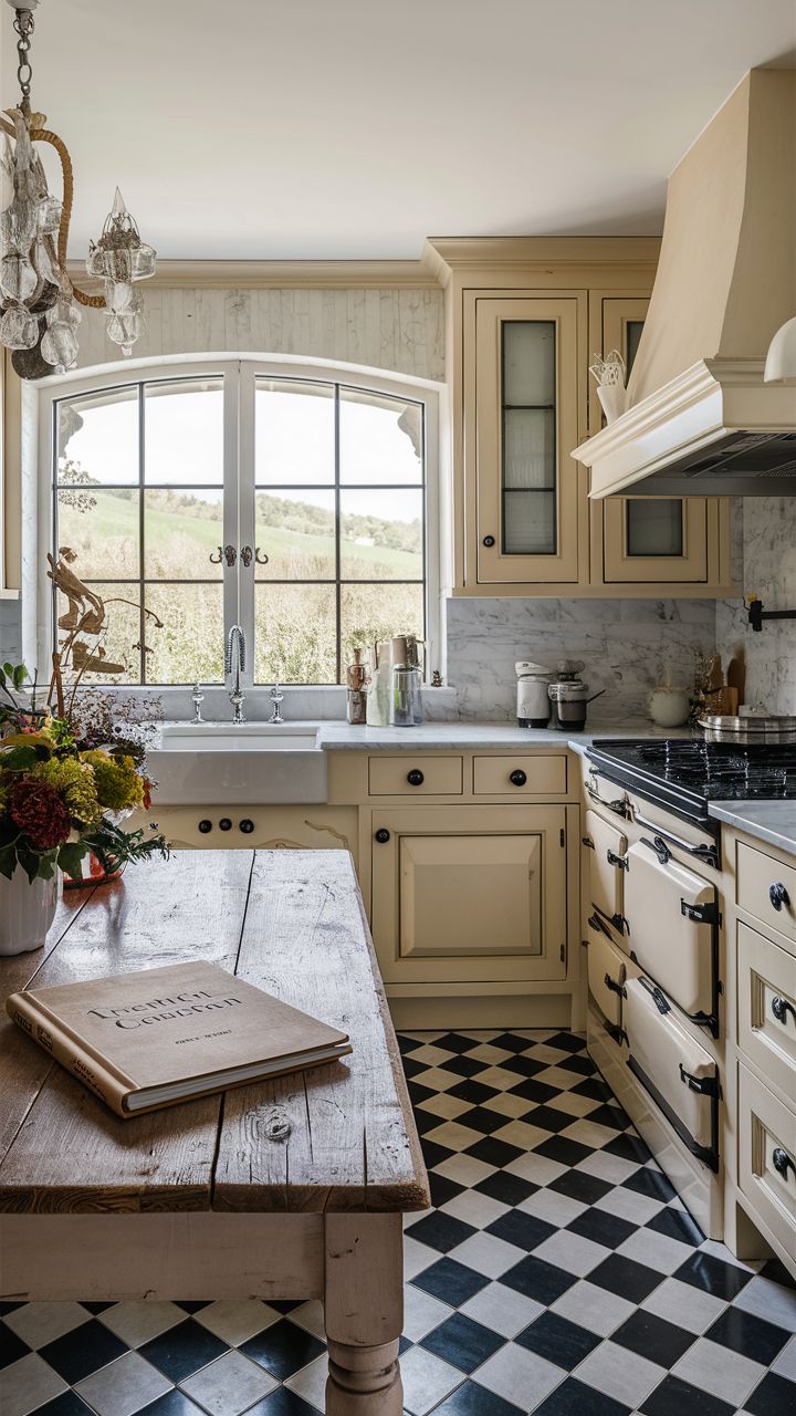 rustic French cookbook on wood table in French country kitchen with cream cabinets marble countertop