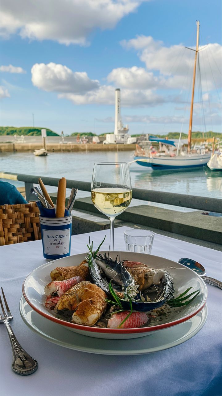 traditional seafood meal with white wine in Normandy