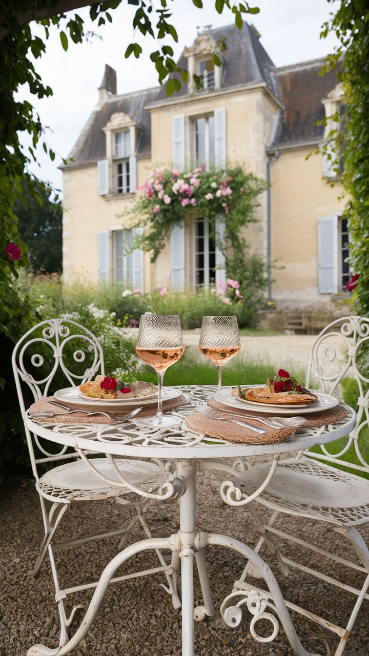 2 classic Provencal meals served with 2 glasses of rose wine, on a vintage white iron patio table