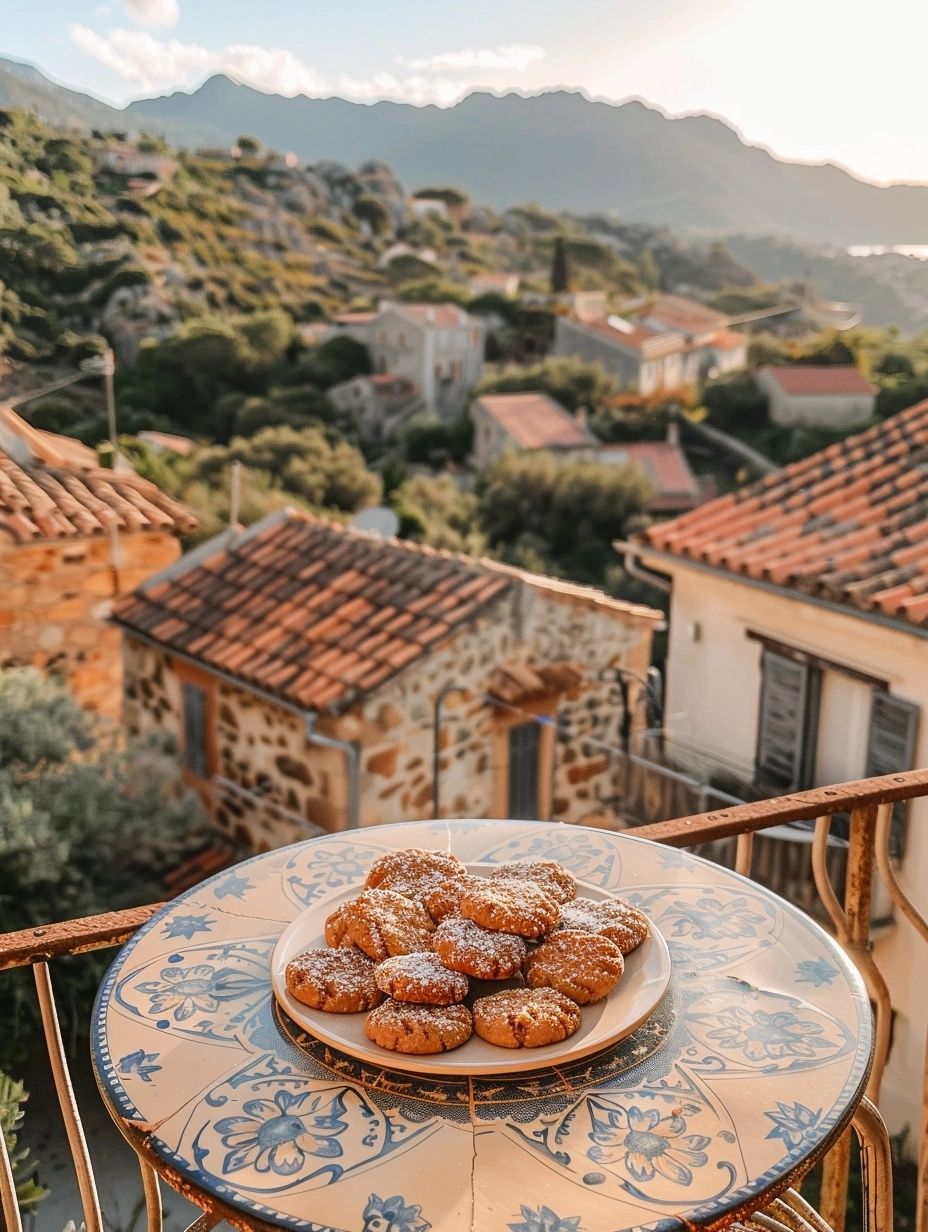 Canistrelli cookies sitting on a bistro table on a balcony overlooking the rooftops of a Corsican village