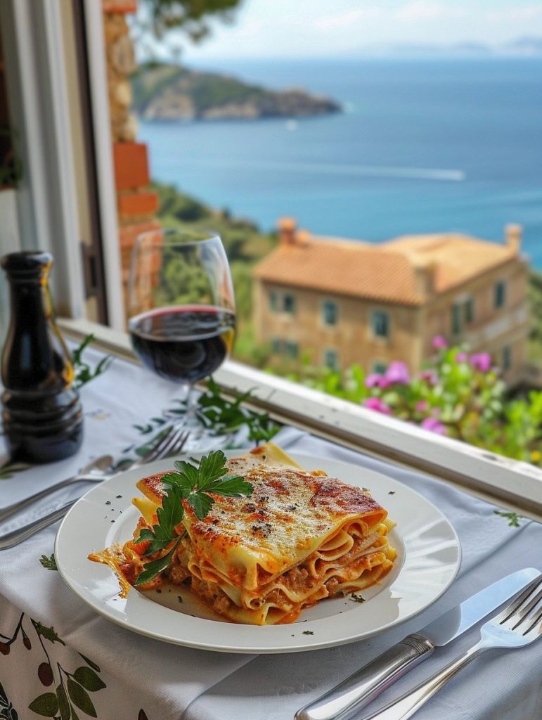 Corsican Lasagne Brocciu Cannelloni served in traditional Corsican kitchen table