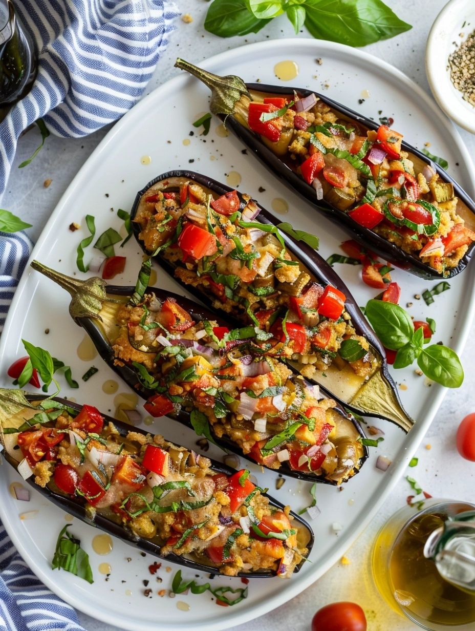 Corsican Stuffed Eggplant with blue and white striped linen napkin