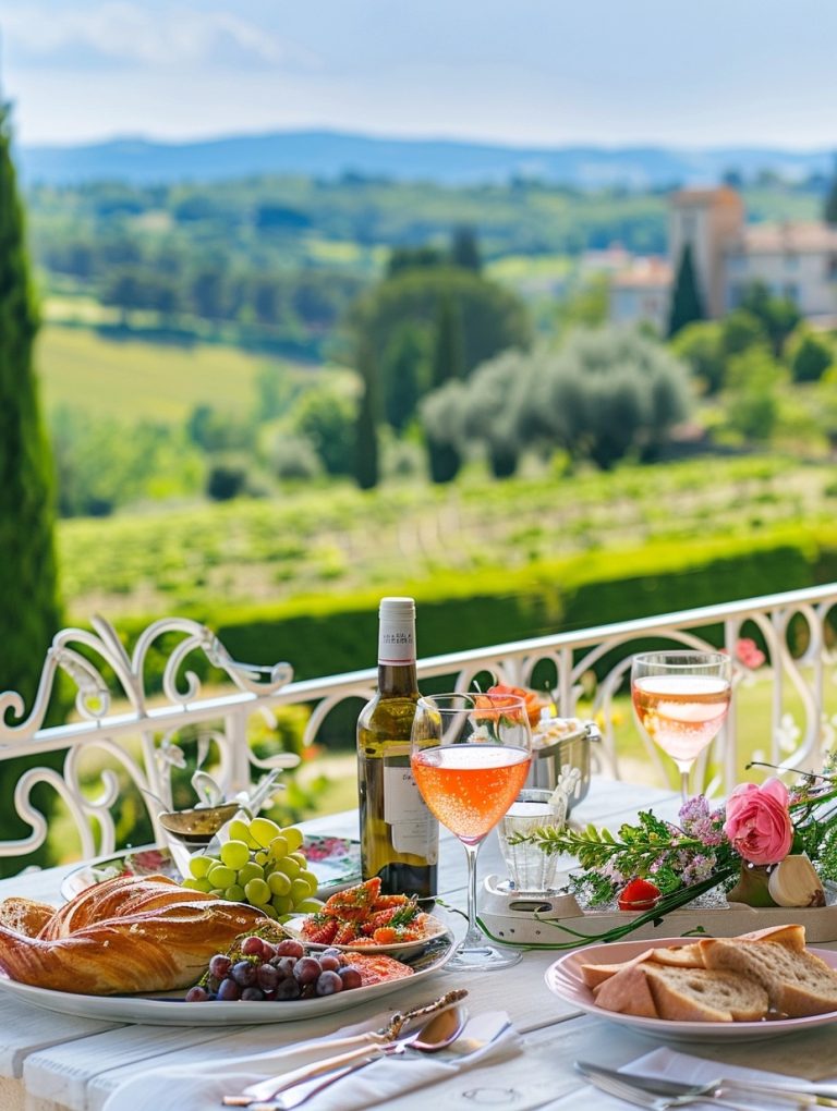 classic Provencal meal served with rose wine, on a patio with white iron table