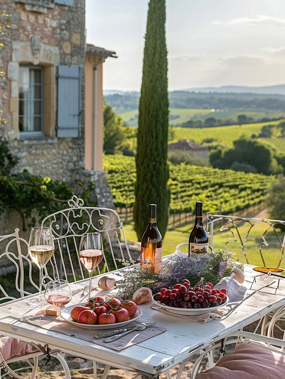 delicious Provencal meal served with rose wine overlooking a French chateau