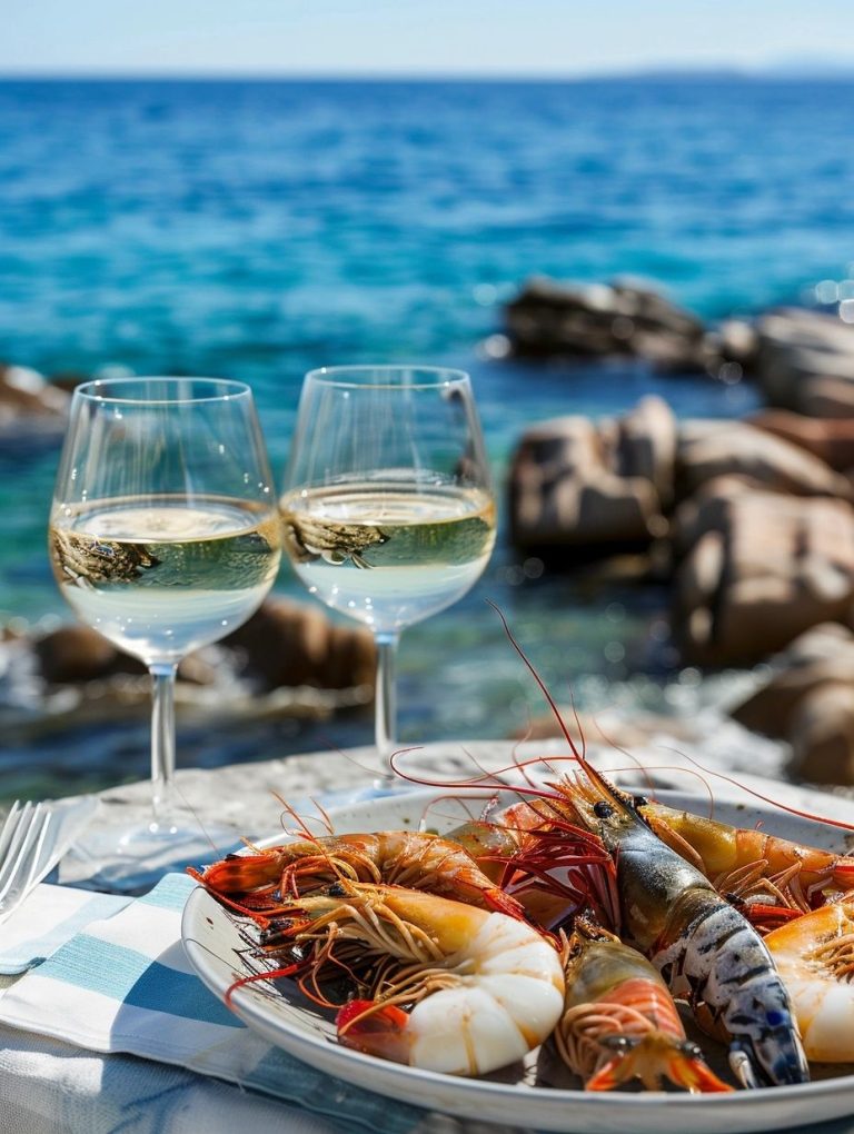 traditional Corsican meal seafood and 2 glasses of white wine