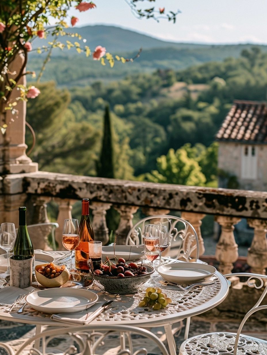 traditional Provencal meal rose on a patio with white iron table overlooking a French chateau