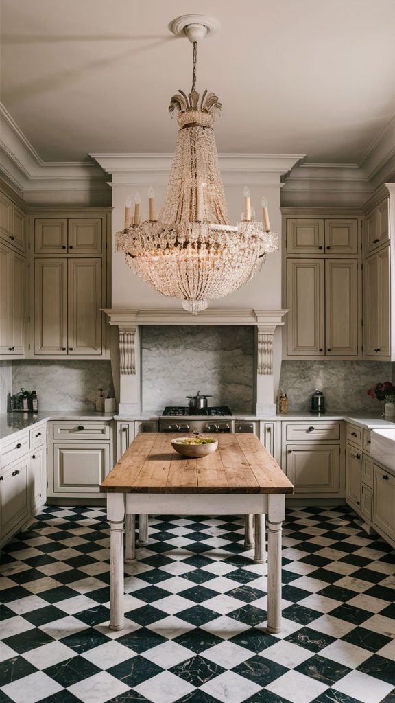 French kitchen essentials chandelier beige cabinets marble countertop and backsplash black and white checkered flooring rustic wood table island