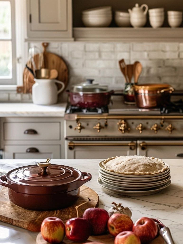 French pots and pans sitting on a rustic French country kitchen table in a kitchen with beige cabinets