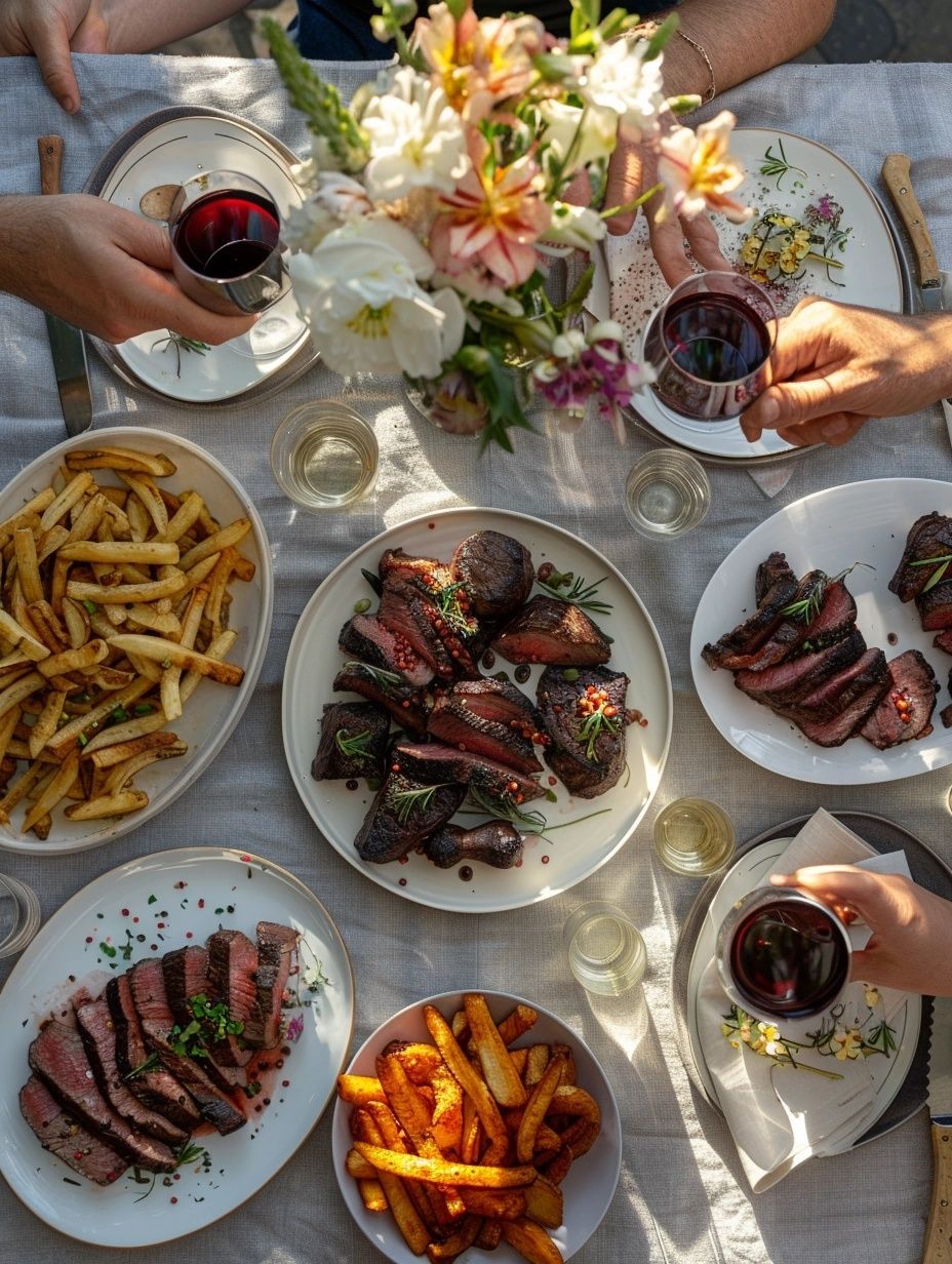 hosting a dinner party in France with red wine and steak dishes