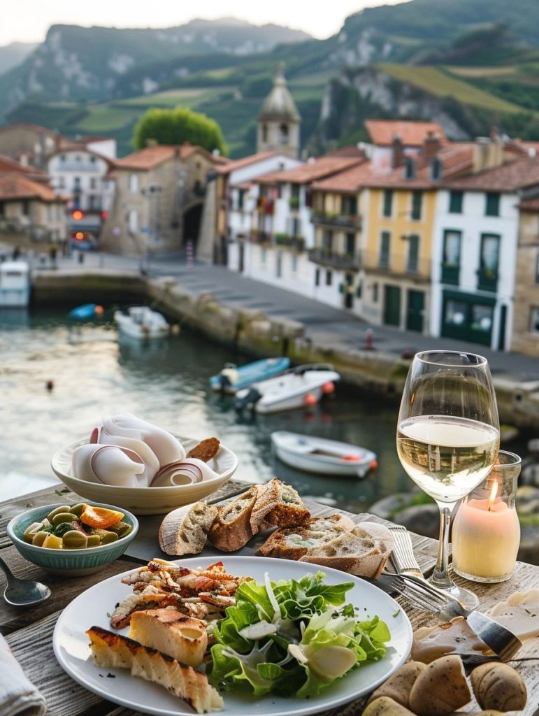 Traditional French Basque meal served with white wine on a table overlooking a small Basque Country fishing village