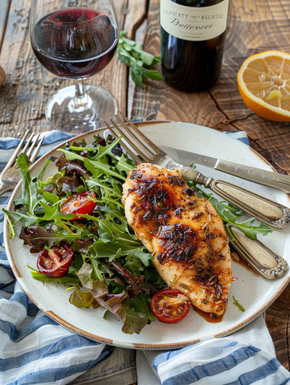 Chicken Paillard with Mixed Greens and red wine for Lunch in France