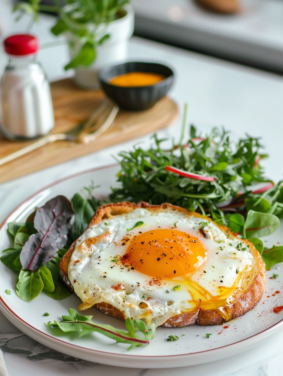 Croque madame served with mixed green salad for lunch