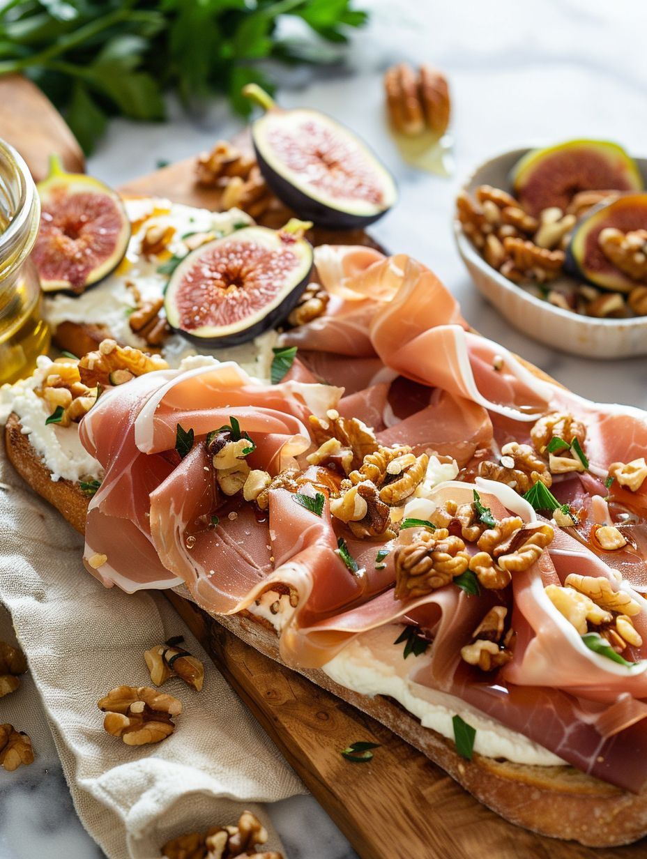 Fig and prosciutto tartine with walnuts honey on cutting board for French Lunch