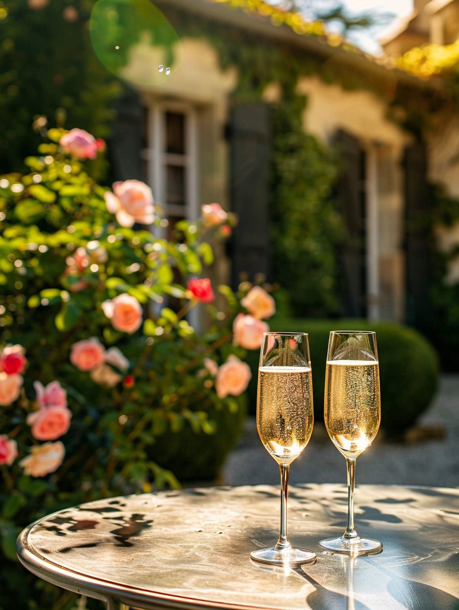 French Beverages champagne on patio table french countryside chateau