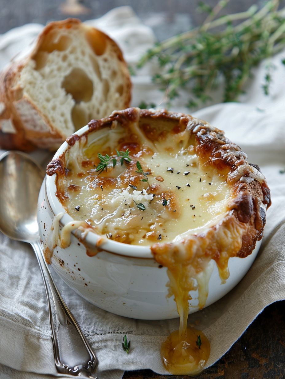 French Onion Soup with cheese dripping off the edge Lunch Recipe