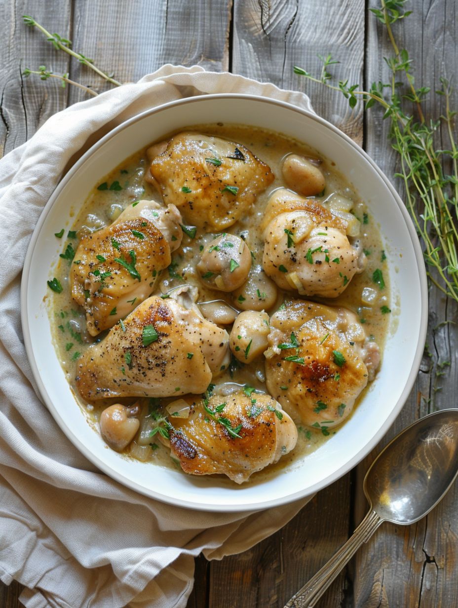 French chicken recipes Chicken Fricassee in a large round white bowl with a large vintage French silver serving spoon