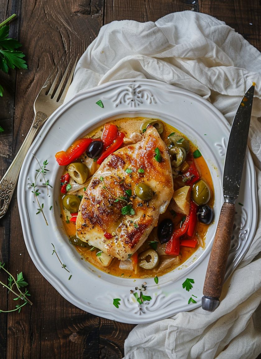 French chicken recipes Chicken with herbes de provence in sauce with red and green peppers olives