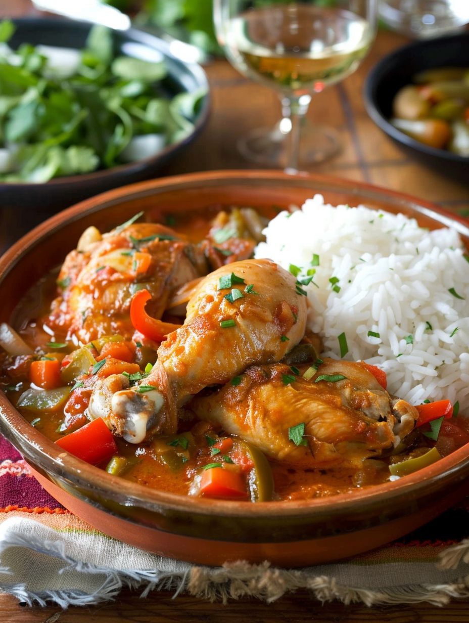 French chicken recipes Poulet Basquaise served with a side of white rice and sliced green and red peppers