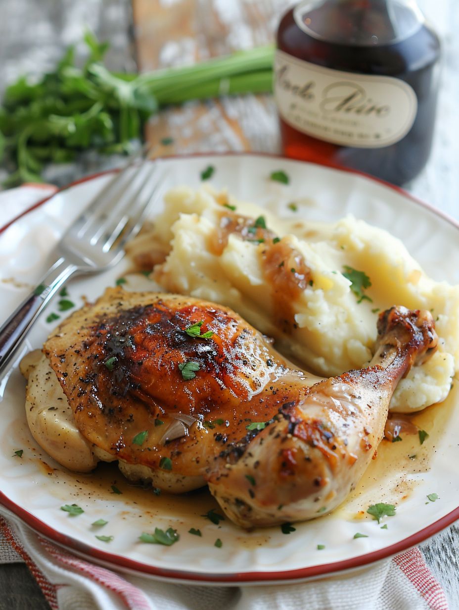 French chicken recipes Poulet au Vinaigre served with mashed potatoes