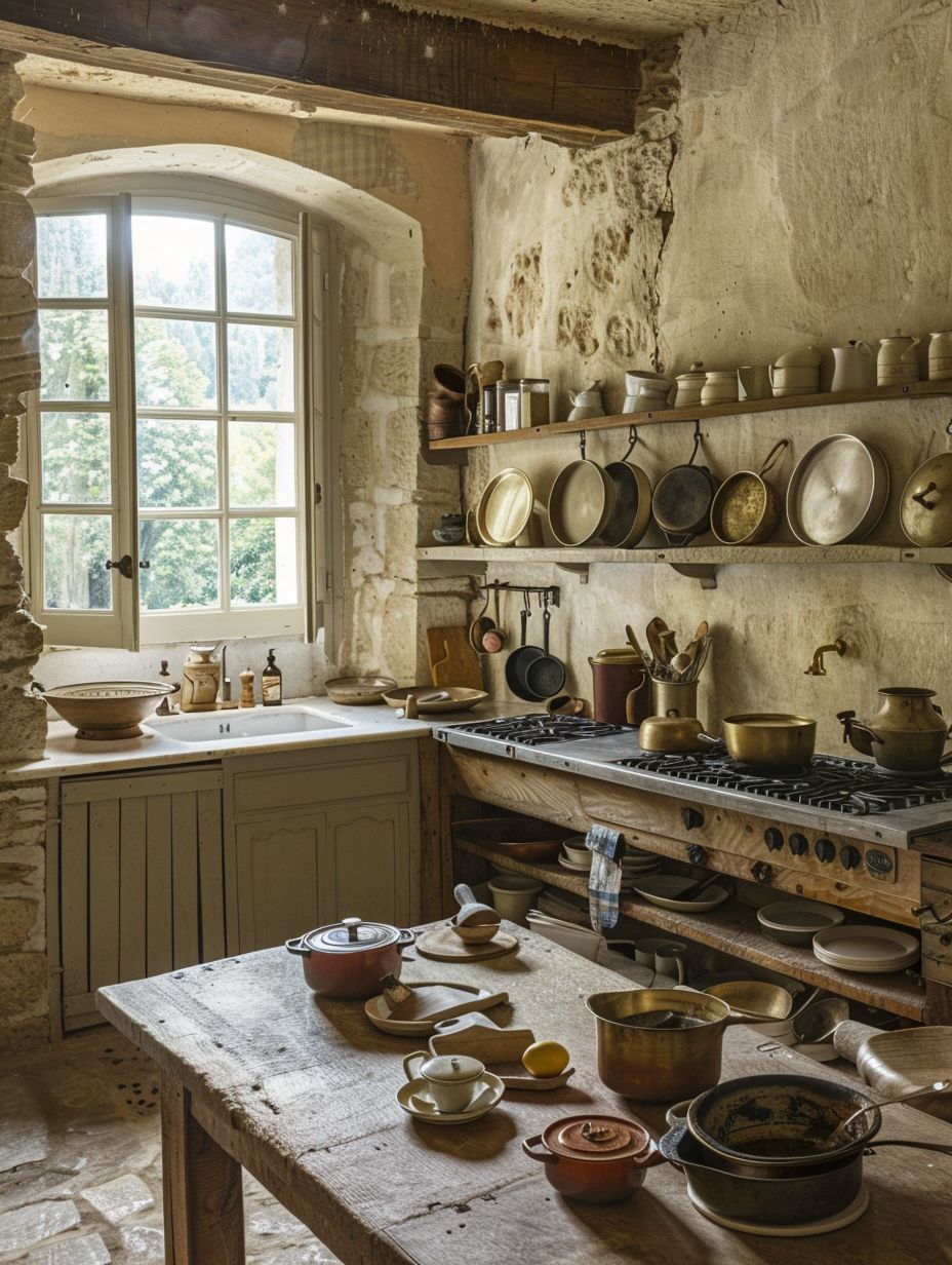 French cooking basics essential cookware in rustic kitchen