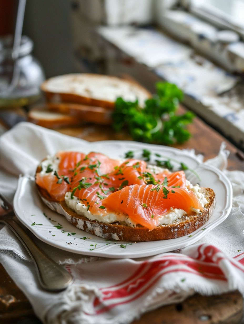 Goat Cheese and Smoked Salmon Tartine made of sourdough bread French Lunch
