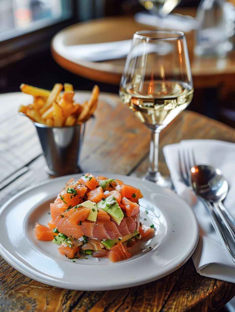 Salmon and Avocado Tartare with french fries parisian brasserie style lunch