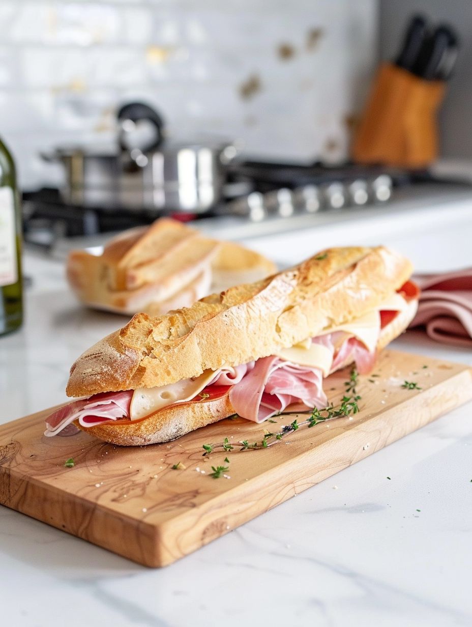 Sandwich Parisien baguette bread with ham and cheese Lunch