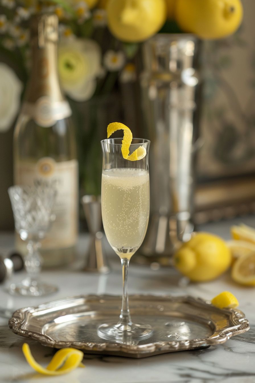French 75 Cocktail recipe in tall thin glass garnished with lemon peel on a vintage French silver tray