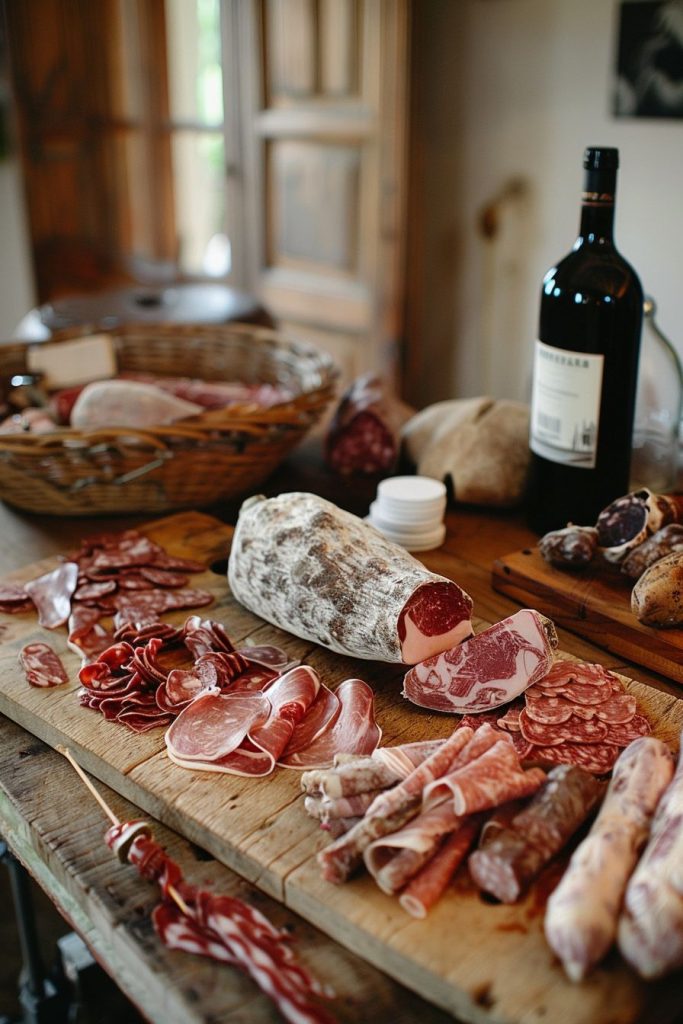 French meats fresh from the farmer's market on the wood kitchen prep table