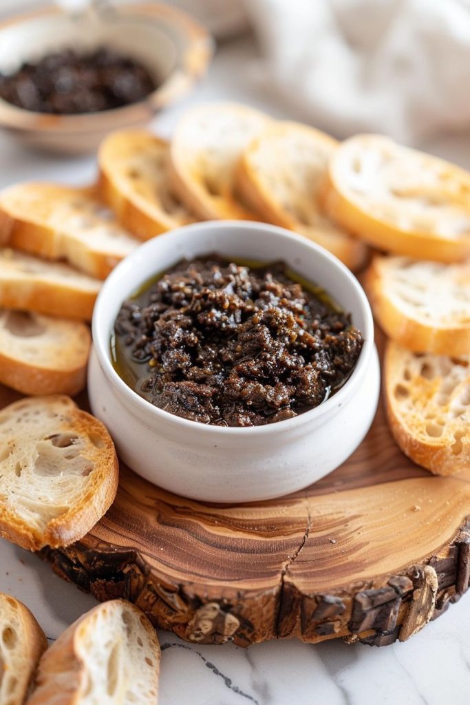 Tapenade spread with toasted baguette bread slices on wood platter
