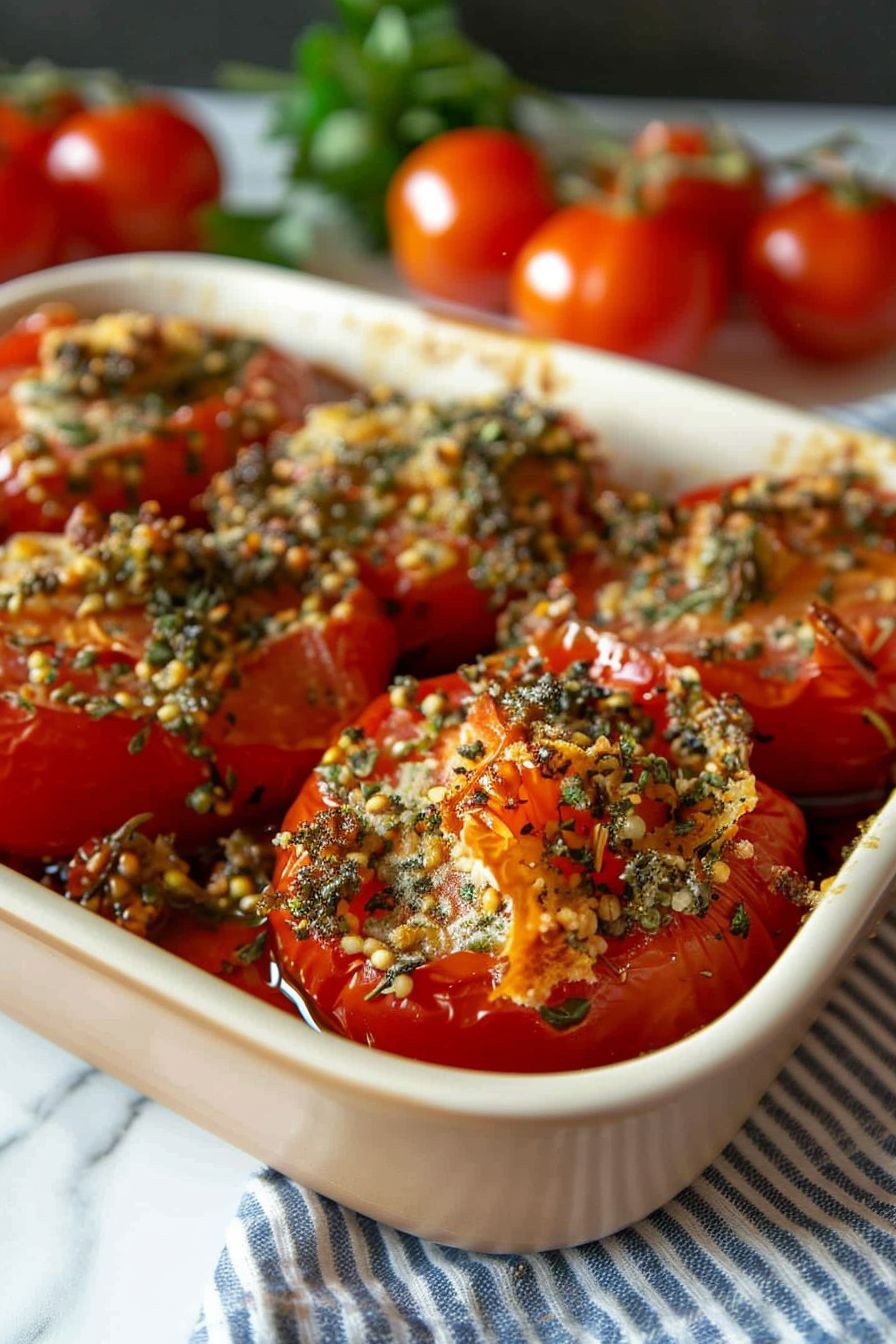 Tomates Provencales freshly cooked in beige dish