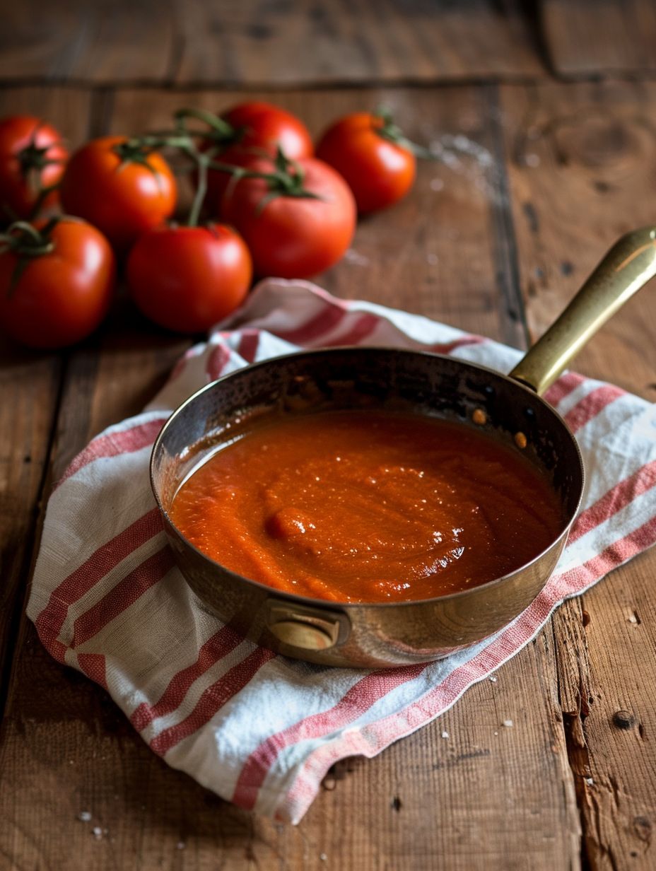Tomato sauce in vintage brass saucepan