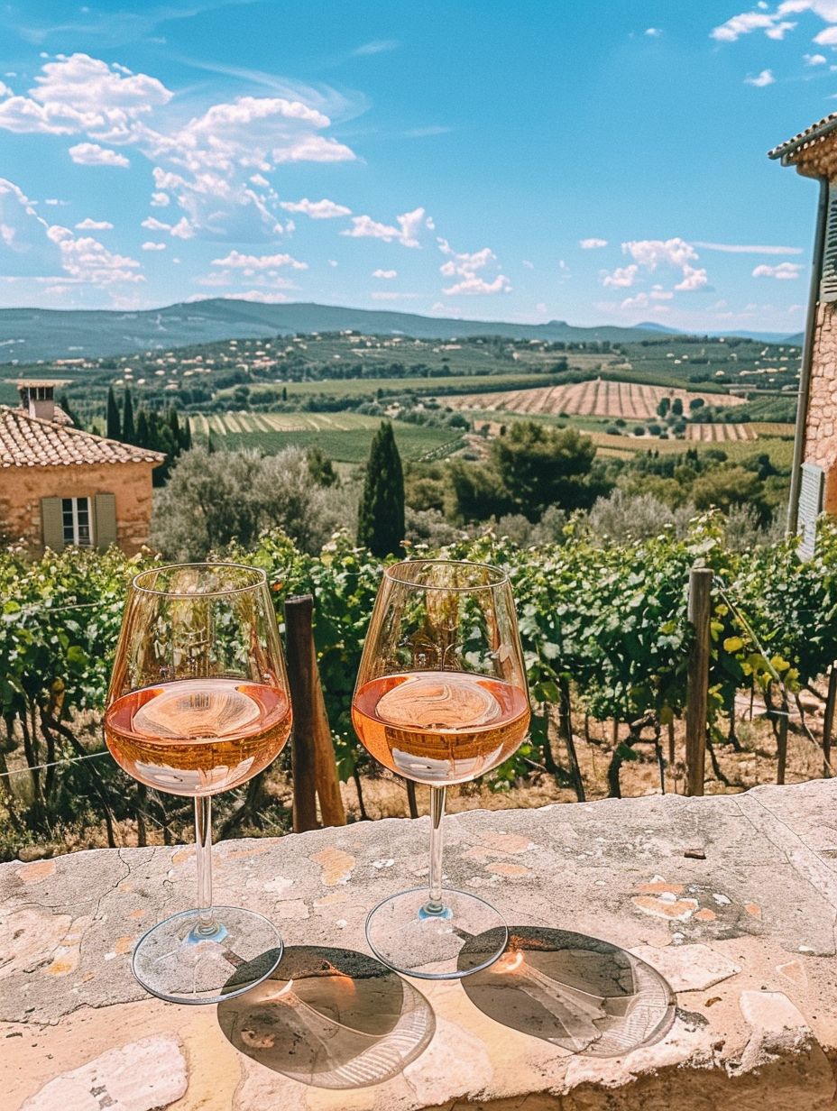 glasses of rose wine on a chateau terrace overlooking the sunny vineyards of Provence france